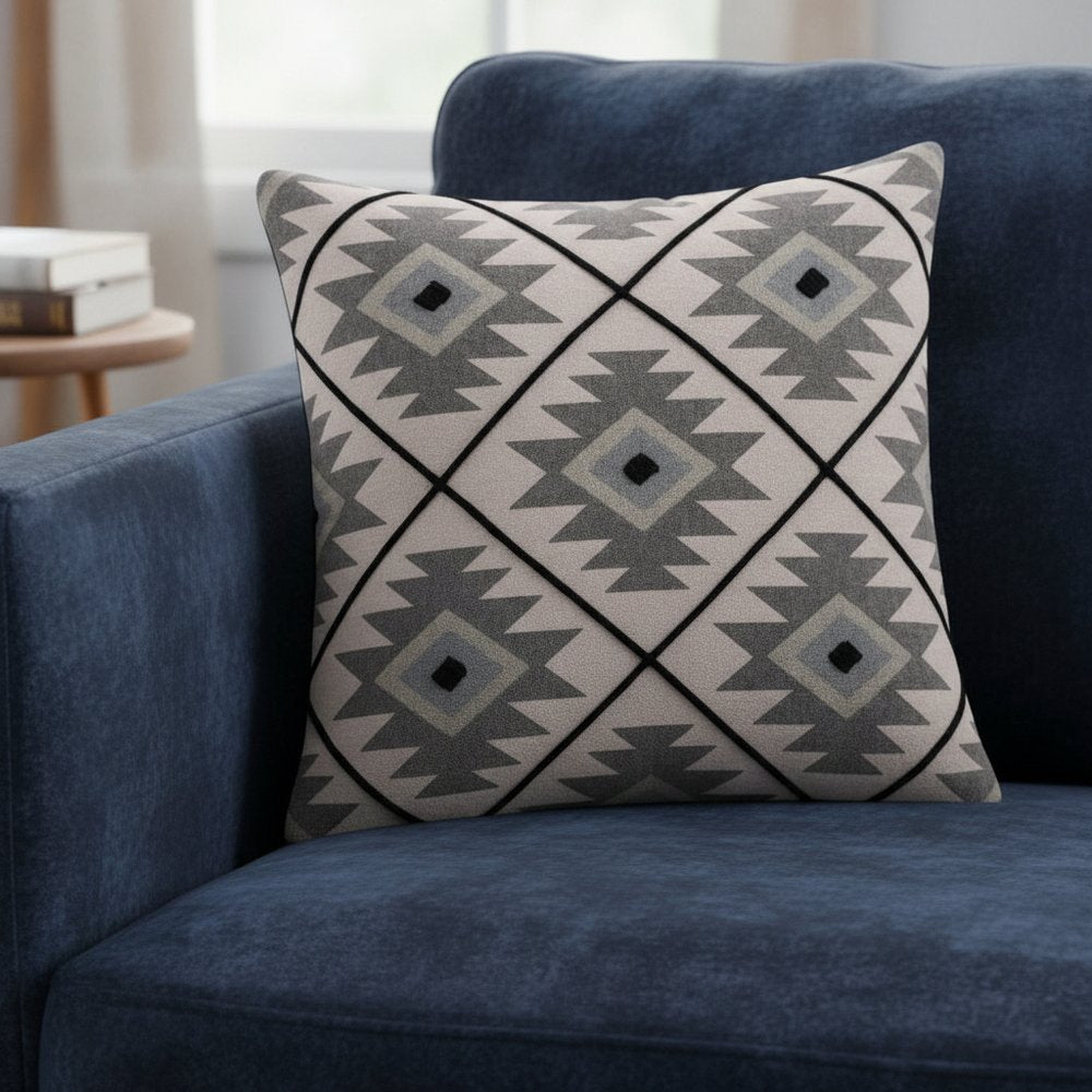 18" Gray And Black Geometric Cotton Throw Pillow Cover