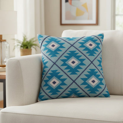 18" Blue And White Geometric Cotton Throw Pillow Cover