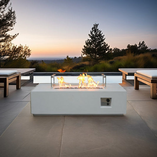 65000 BTU 52" Antiqued White Concrete Propane Rectangular Fire Pit With Cover