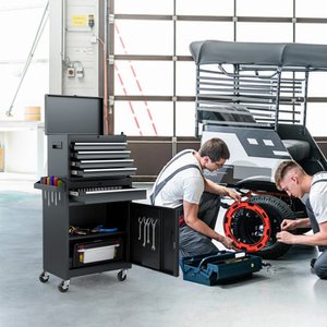 Set of Two Black Multi-Tier Steel Rolling Cabinet With Lid
