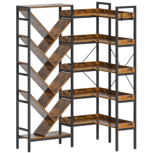 69" Brown And Black Wood And Metal Ten Tier Corner Bookcase