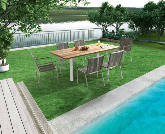 79" Natural and Silver Solid Wood and Stainless Steel Outdoor Dining Table