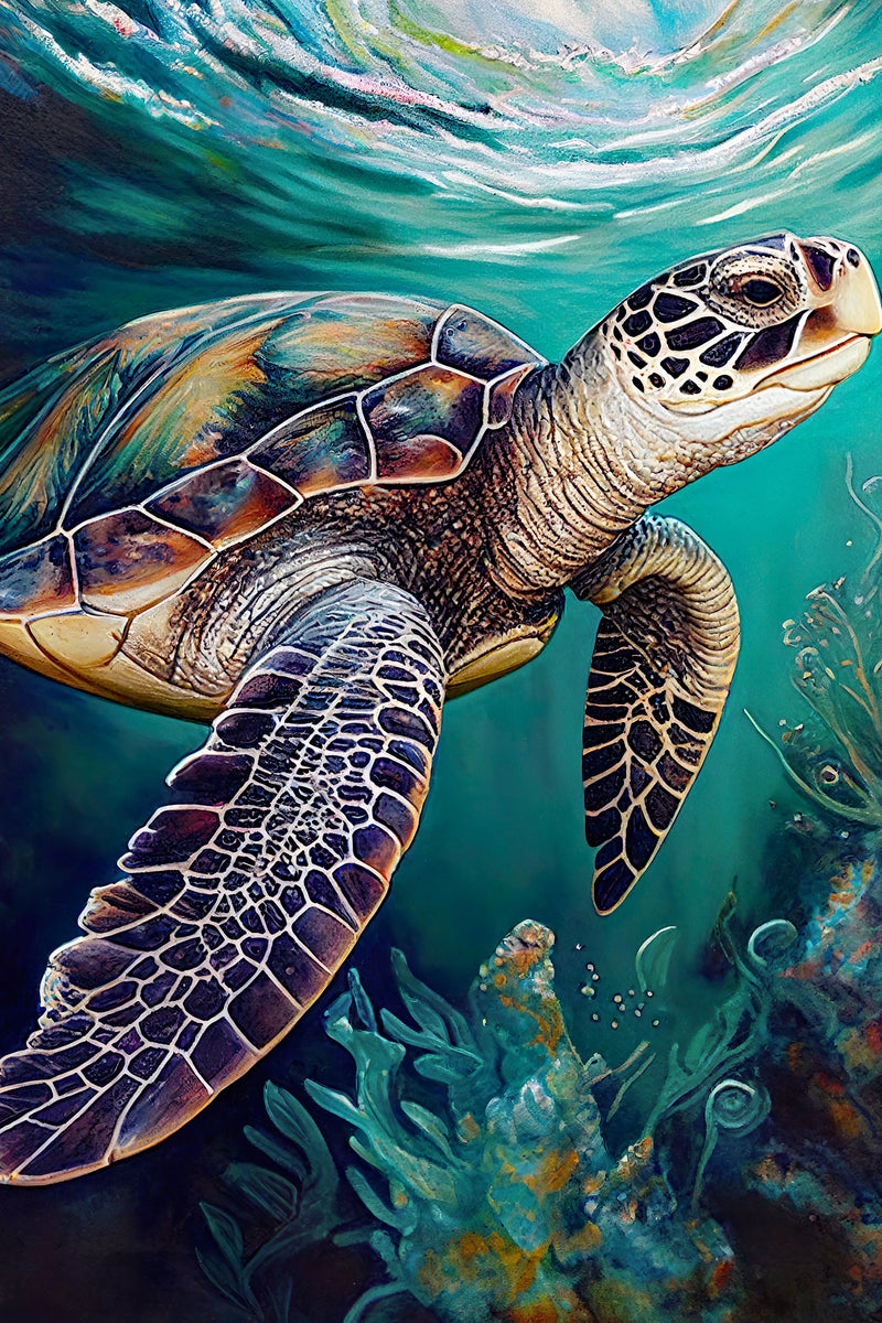 Graceful Sea Turtle in Tranquil Waters - Oceanic Wall Art