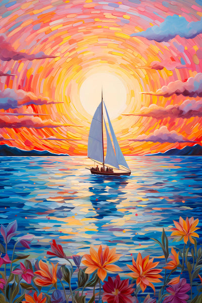Sailing into the Sunset - Vibrant Seascape Art