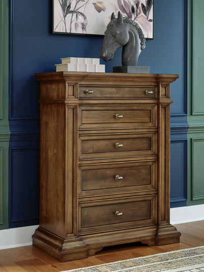 Evee Outdoor & More - Ashley Furniture - Frantanna Bedroom - Five Drawer Chest / Brown - PCB949-46