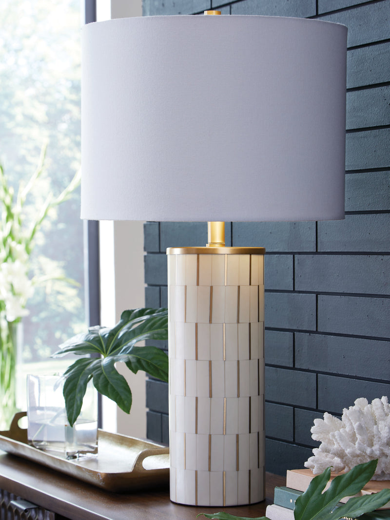 Evee Outdoor & More - Ashley Furniture - Faridworth Lighting - Poly Table Lamp (1/CN) / White/Gold Finish - L235954