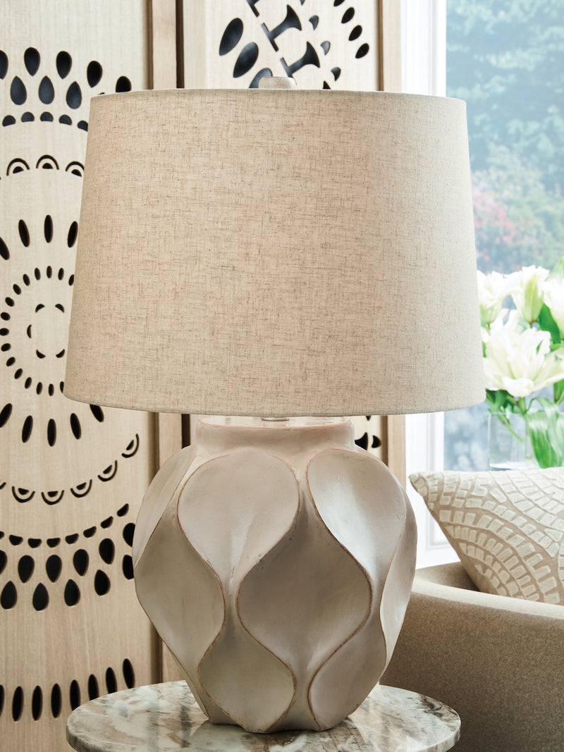 Evee Outdoor & More - Ashley Furniture - Edselham Lighting - Paper Table Lamp (1/CN) / Distressed Cream - L235974