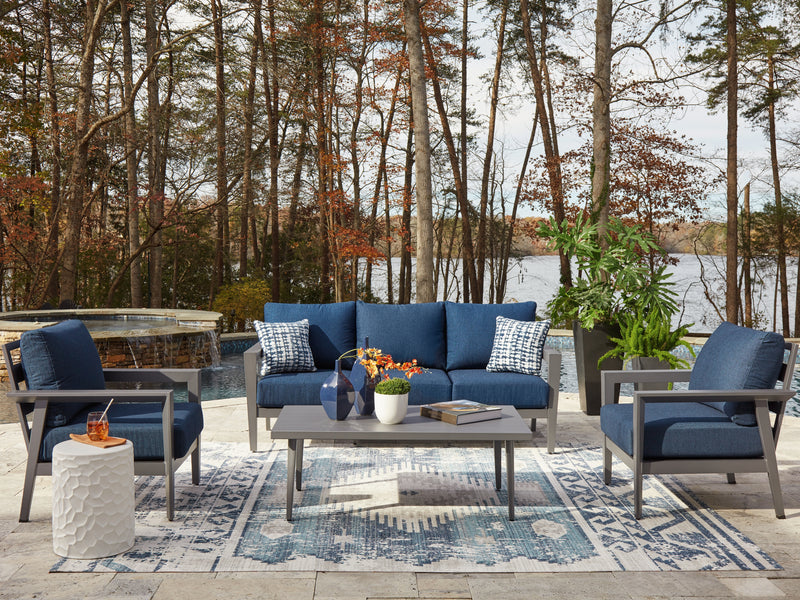 Evee Outdoor & More - Ashley Furniture - Gali Outdoor - Sofa/Chairs/Table Set (4/CN) / Gray/Blue - P275-081