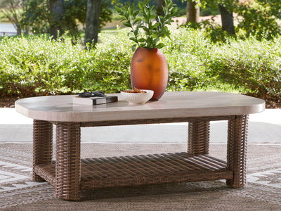 Evee Outdoor & More - Ashley Furniture - Dolan Creek Outdoor - Rectangular Cocktail Table / Beige/Brown - PCP610-701