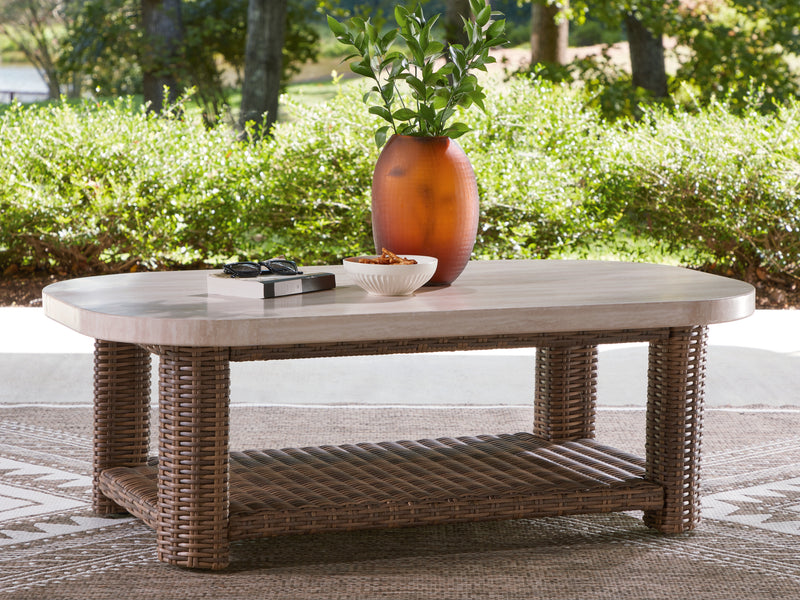 Evee Outdoor & More - Ashley Furniture - Dolan Creek Outdoor - Rectangular Cocktail Table / Beige/Brown - PCP610-701