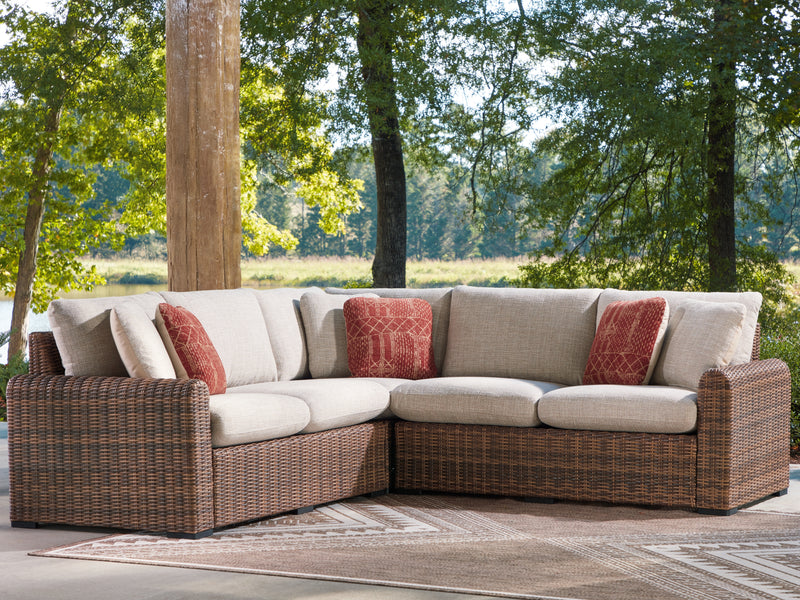 Evee Outdoor & More - Ashley Furniture - Dolan Creek Outdoor - 3-Piece Outdoor Sectional / Beige/Brown - PCP610P1