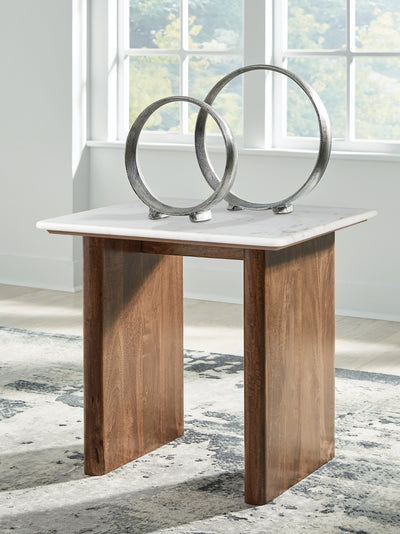 Evee Outdoor & More - Ashley Furniture - Isanti End Table - Round End Table / White/Brown - T652-6