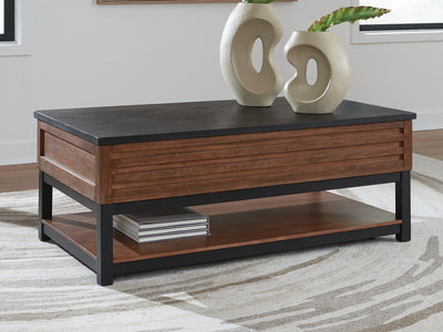 Evee Outdoor & More - Ashley Furniture - Kallari Lift-Top Coffee Table - Lift Top Cocktail Table / Warm Brown/Black - T737-9