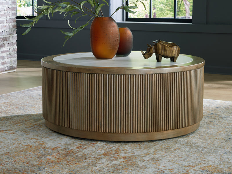 Evee Outdoor & More - Ashley Furniture - Camdill Coffee Table - Round Cocktail Table / Light Brown/White - T808-8